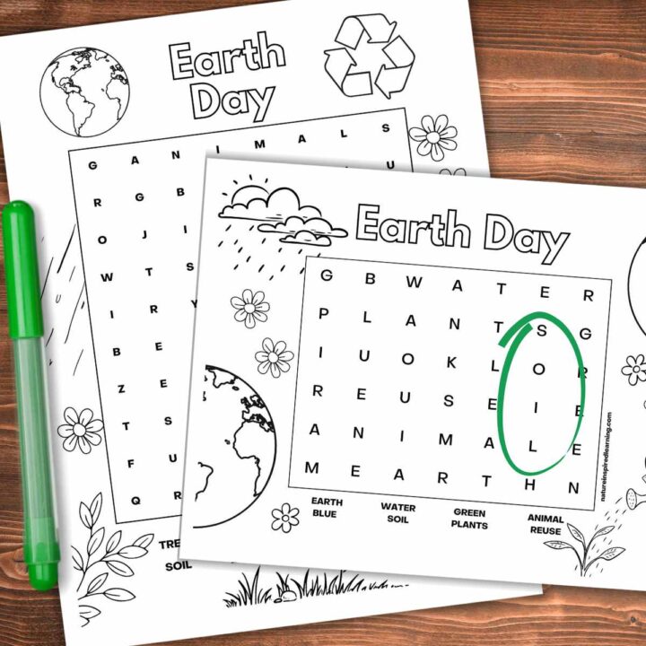 Two black and white word search printables with Earth Day themes overlapping on a wooden background with green marker on the left and soil circled in green on top worksheet.
