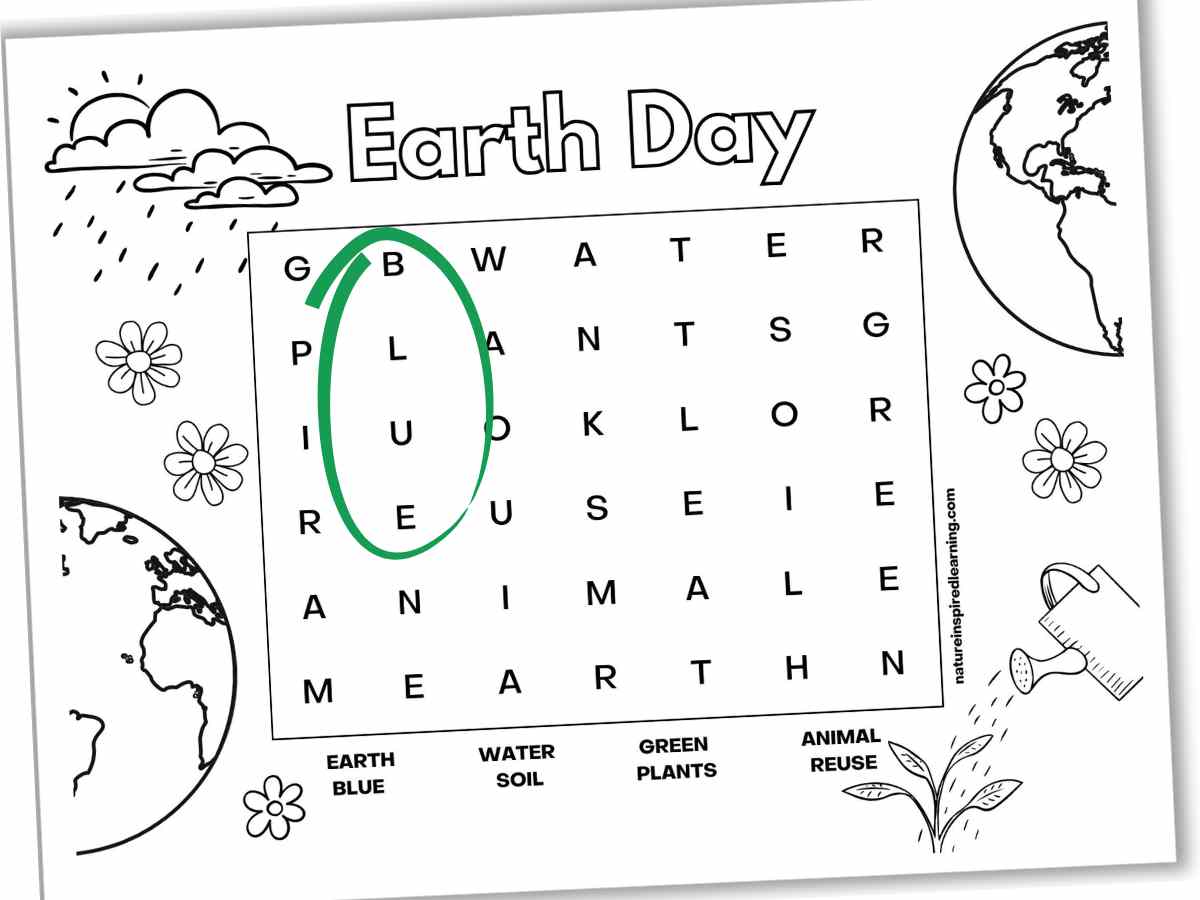 Black and white Earth Day word search with blue circled in green on the worksheet. Different designs on the border including an Earth, watering can, flowers, plant, and sun with rain and clouds.