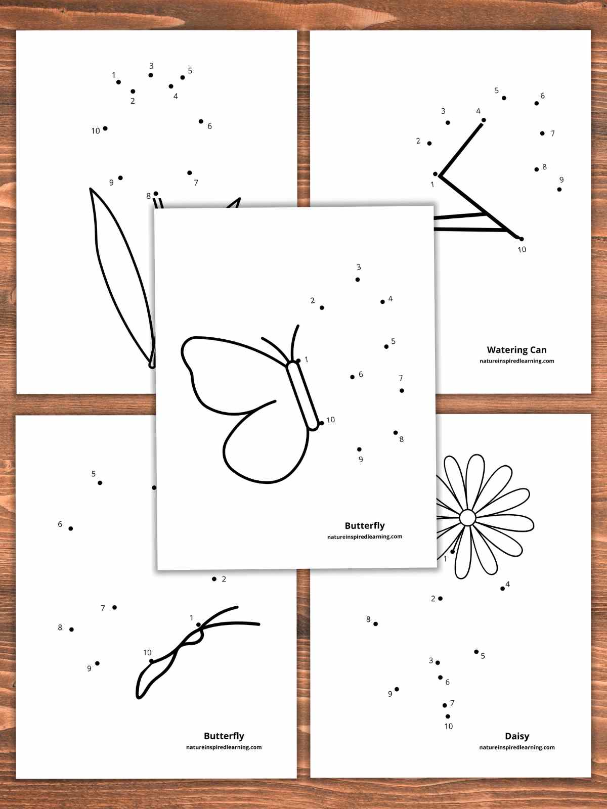 Five black and white 1-5 dot to dot worksheets with butterflies, flowers, and a watering can design overlapping on a wooden background.